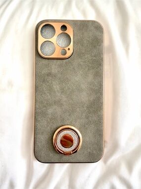 iPhone 14 Max Gray Suede Phone Case with Gold hardware